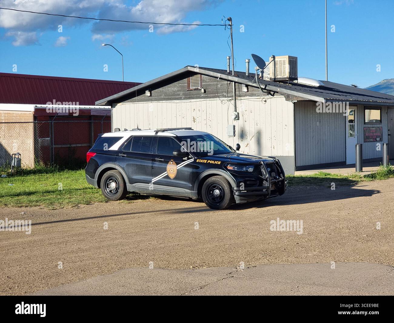 Black and white Ford car with emblem of the New Mexico State Police, parked near a wooden building - Smartphone Captured Stock Image