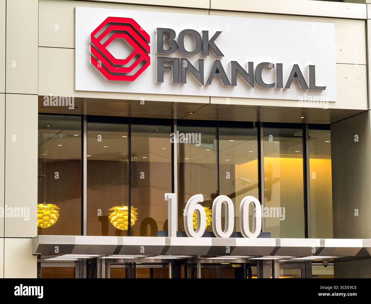 Denver, Colorado, USA - 2 June 2025: Exterior view of the entrance to the offices of Bok Financial in downtown Denver - Smartphone Captured Stock Image Denver, Colorado, USA - 2 June 2025: Exterior view of the entrance to the offices of Bok Financial in downtown Denver - Smartphone Captured Stock Image