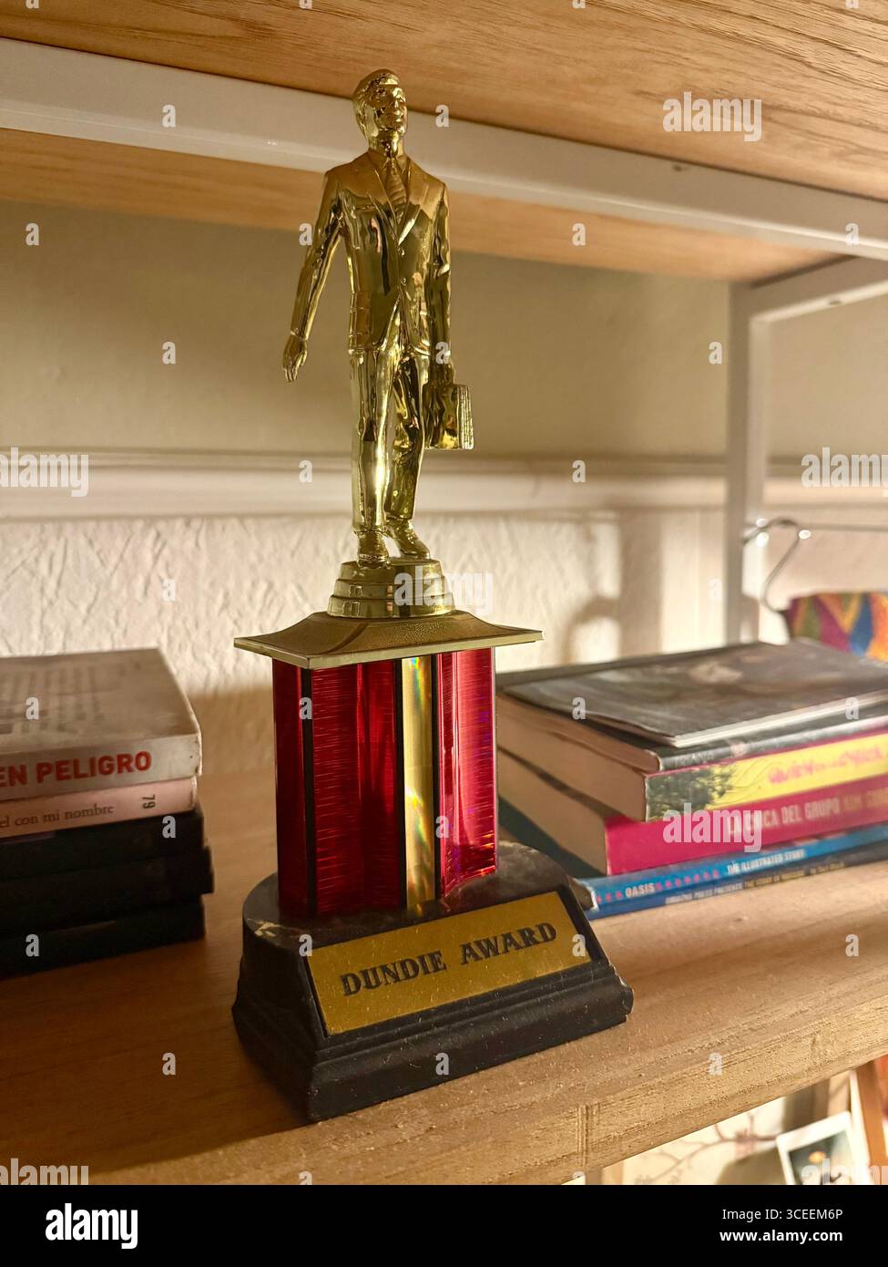 A golden trophy figurine mounted on a red base displayed on a wooden shelf alongside stacked books, with soft sunlight streaming through a window. - Smartphone Captured Stock Image