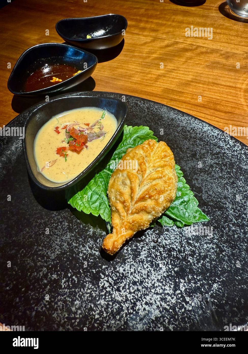 A gourmet dish of crispy fried dumplings with a dipping sauce and garnish on a black slate serving board. - Smartphone Captured Stock Image