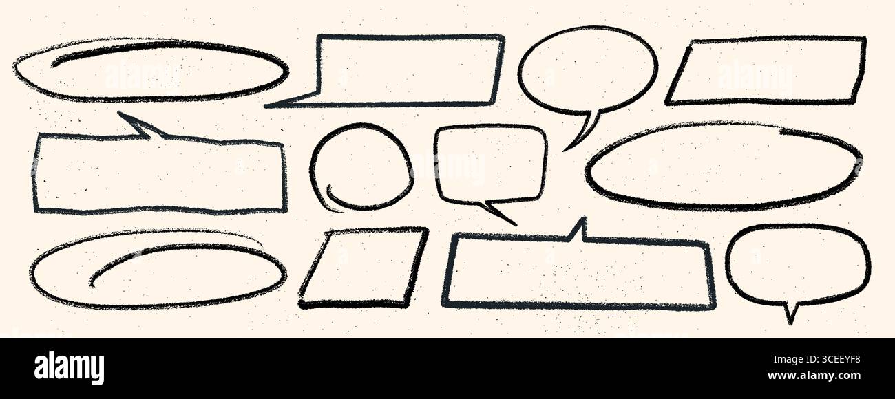 Black crayon speech bubbles and text frames set on beige background. Hand drawn oval, square, and rectangular frames for text in rough chalk textured Stock Vector