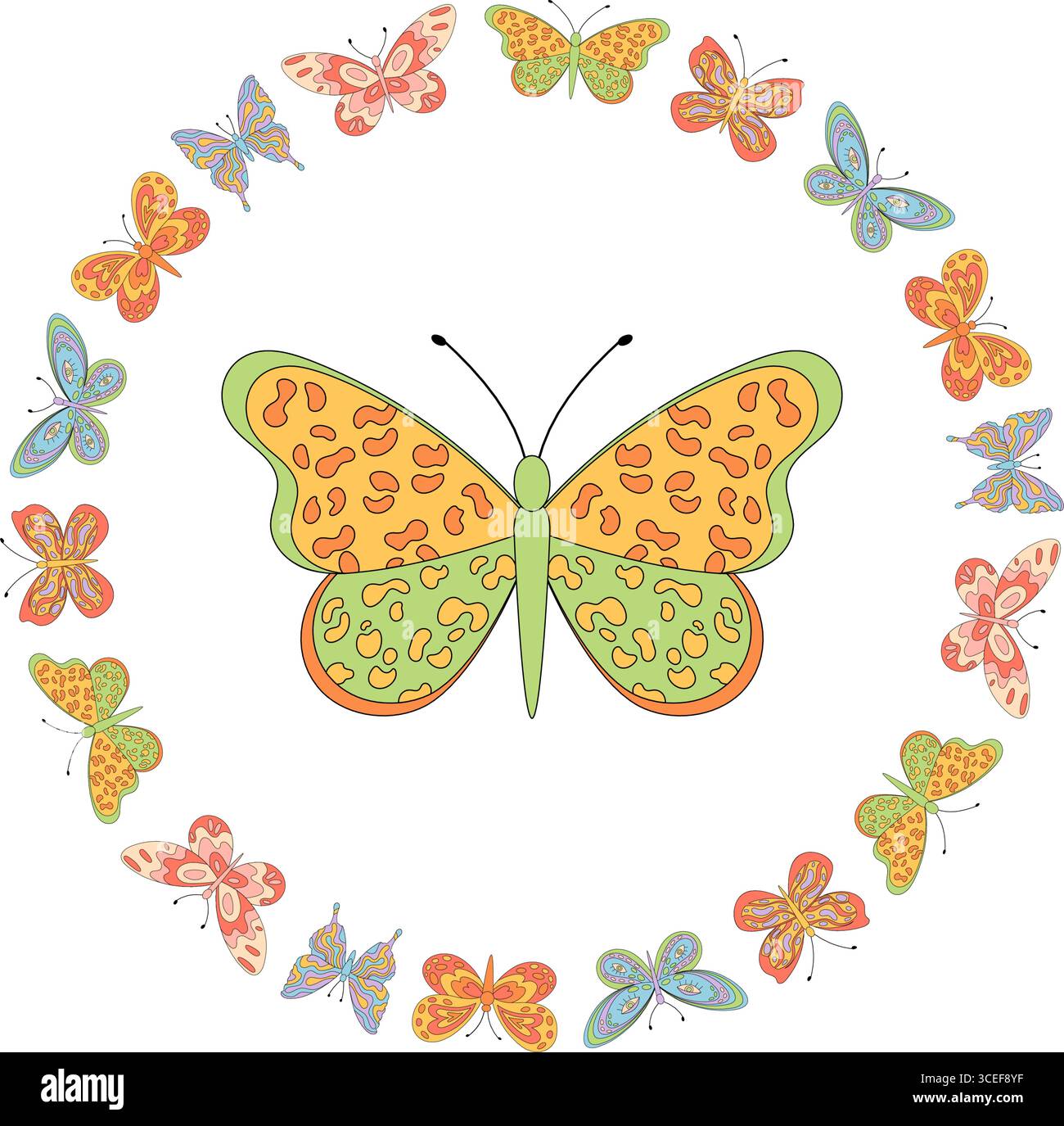 Groovy Retro Butterfly Seamless Floral Border Pattern Stock Vector
