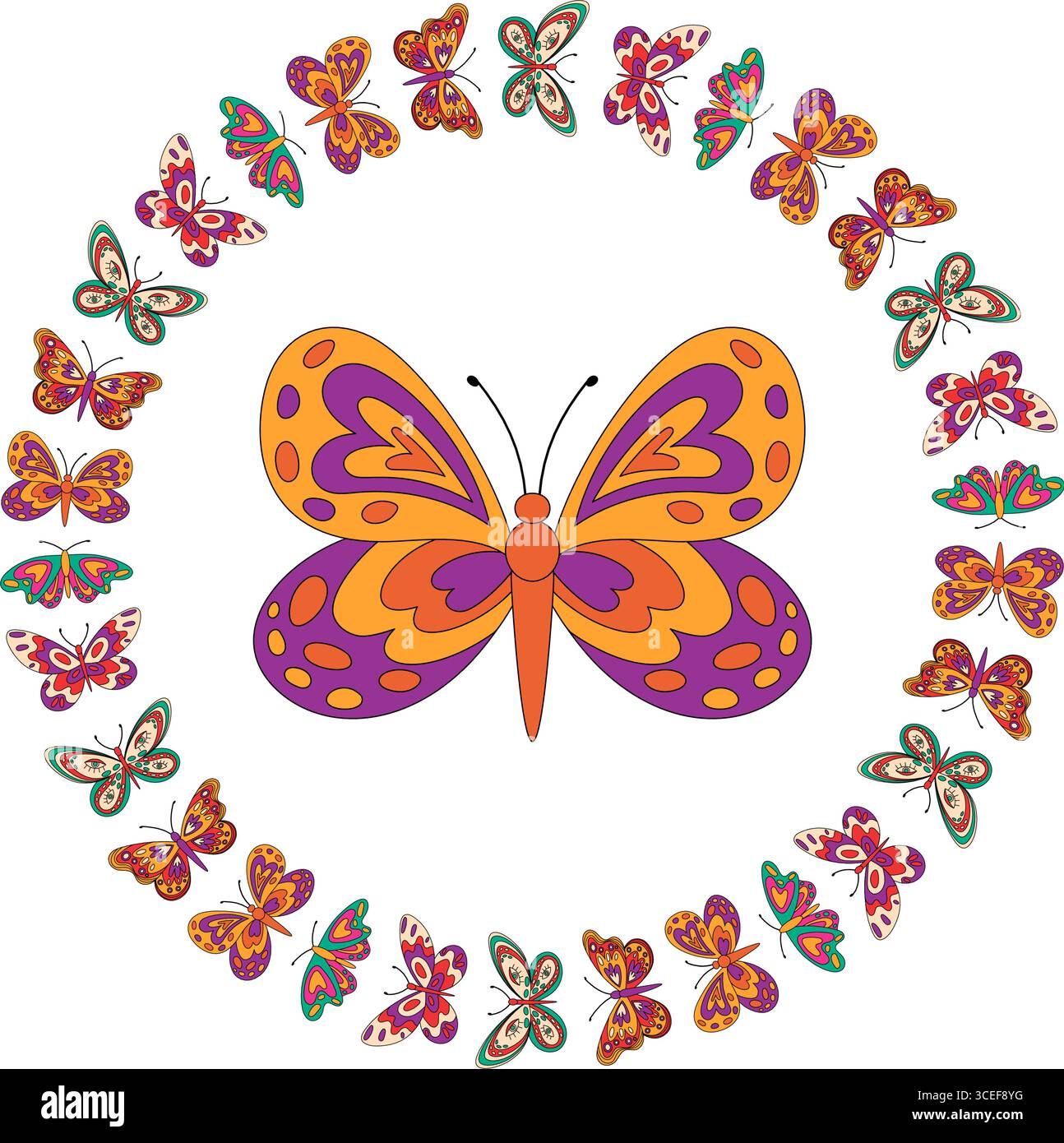 Groovy Retro Butterfly Border Circle Pattern Stock Vector