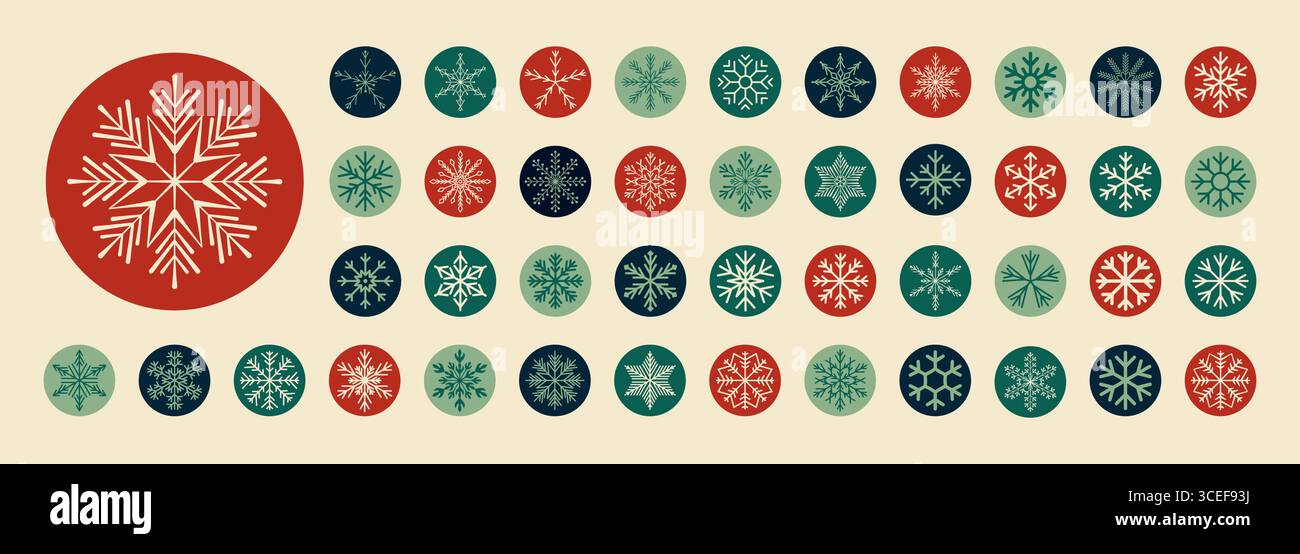 Christmas Snowflake Circle Sticker Set Line Stock Vector