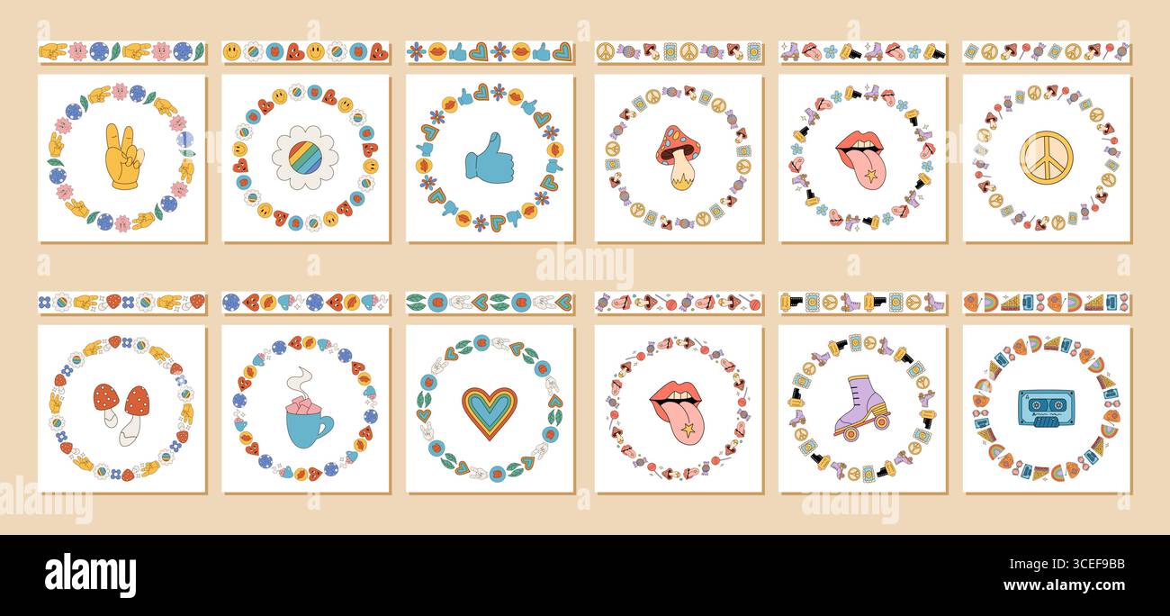 Groovy Retro Seamless Border Set Frame Stock Vector