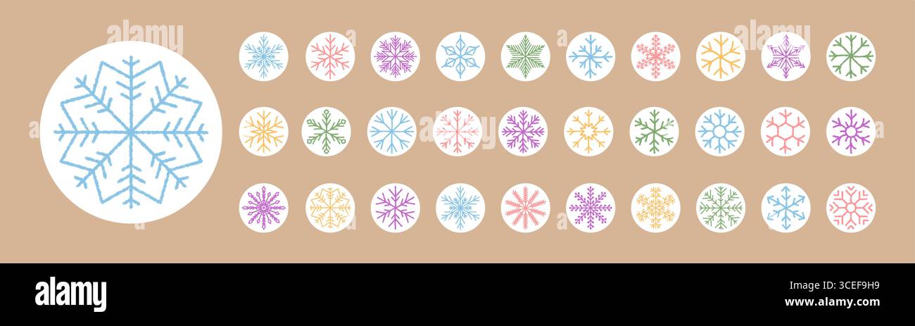 Crayon Snowflake Sticker Set Circle Stock Vector