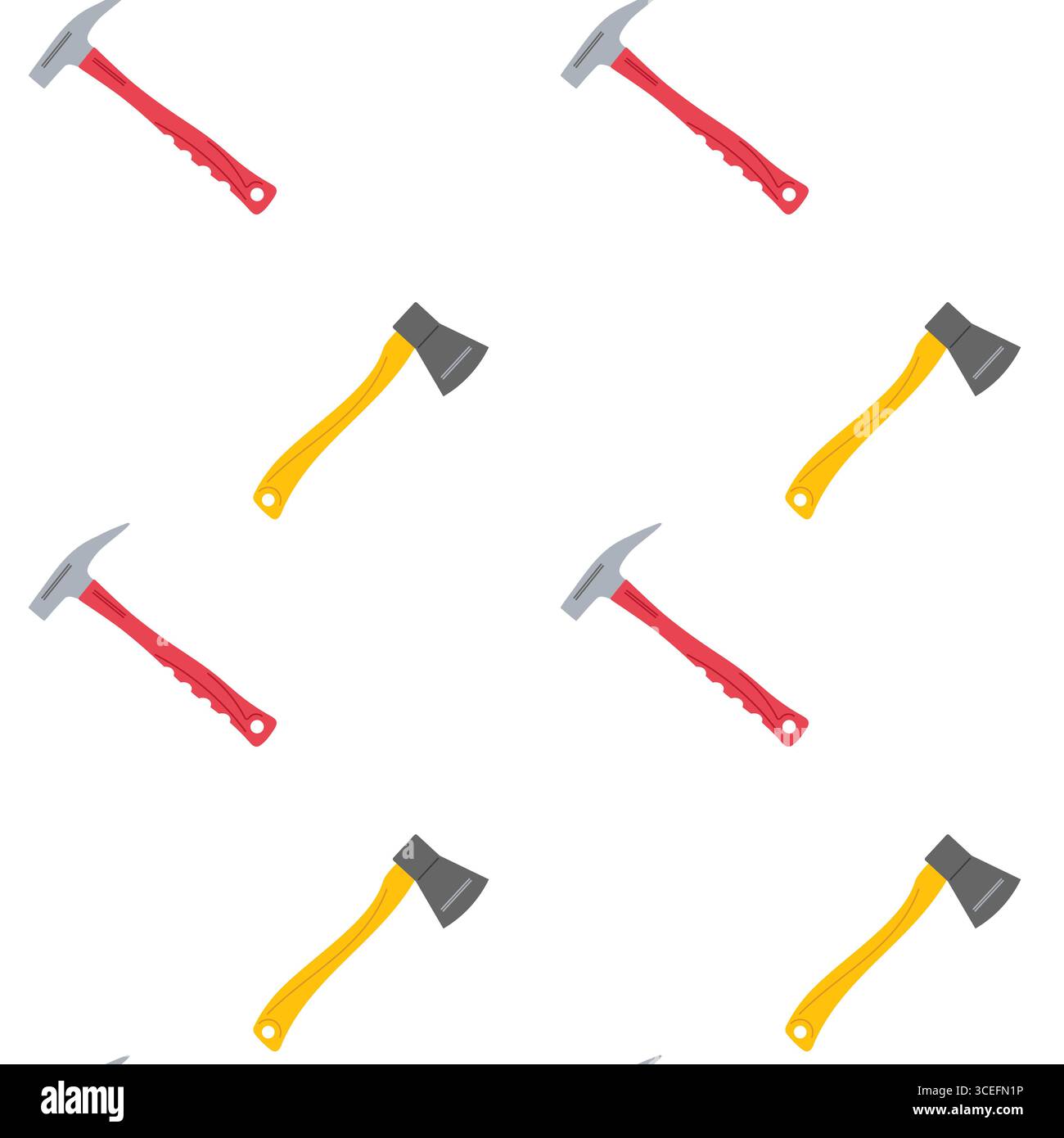 Tools arranged in a repeating pattern with red and yellow handles on a white background Stock Vector