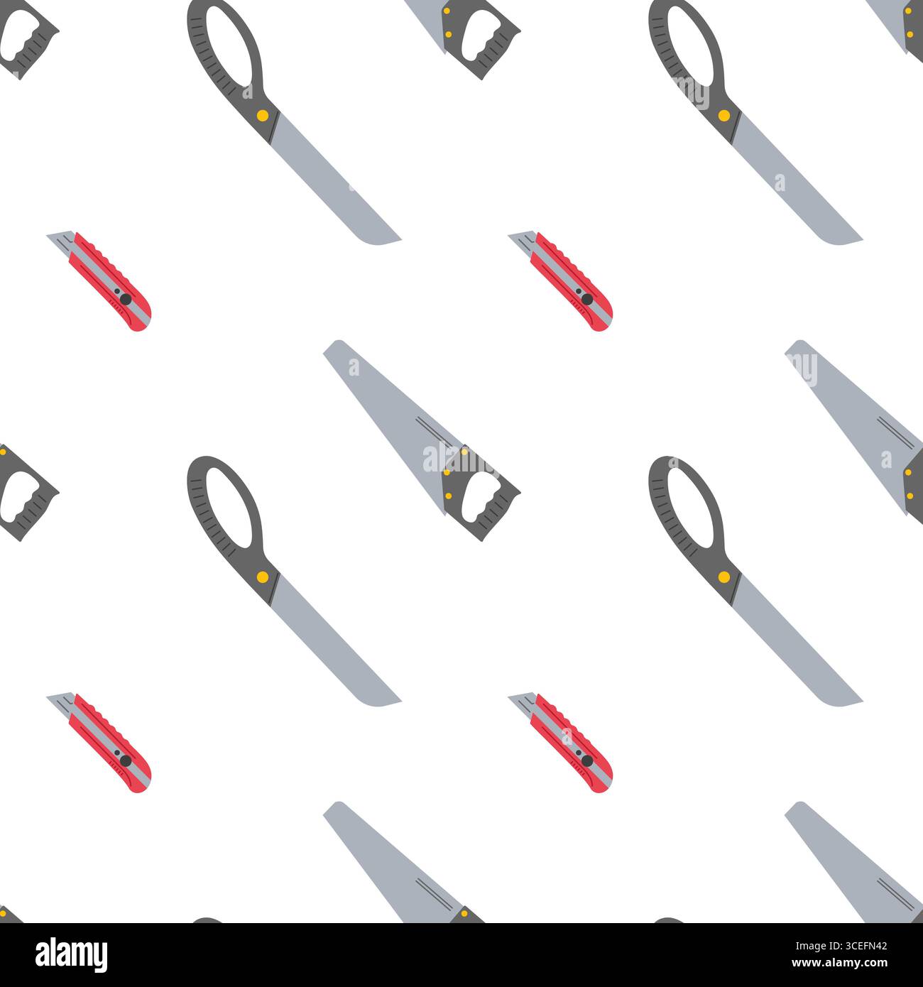 Various hand tools including saws and utility knives displayed in a repeated pattern Stock Vector