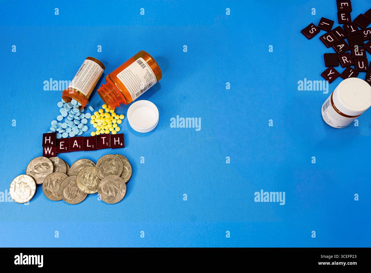 The words Health and Wealth overlap. The concept shows interdependence between the two. Stock Photo