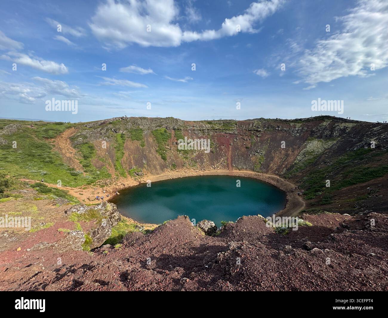 Beautiful Kerid Crater with brilliant blue lake water in south Iceland in summertime. - Smartphone Captured Stock Image