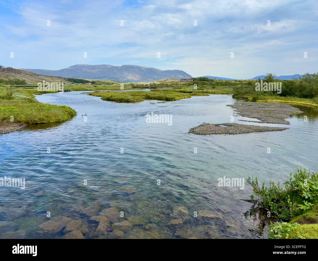 The beautiful scenerary in Þingvellir (Thingvellir) National Park looking accross the Oxara river towards the mountains on a summer day. - Smartphone Captured Stock Image