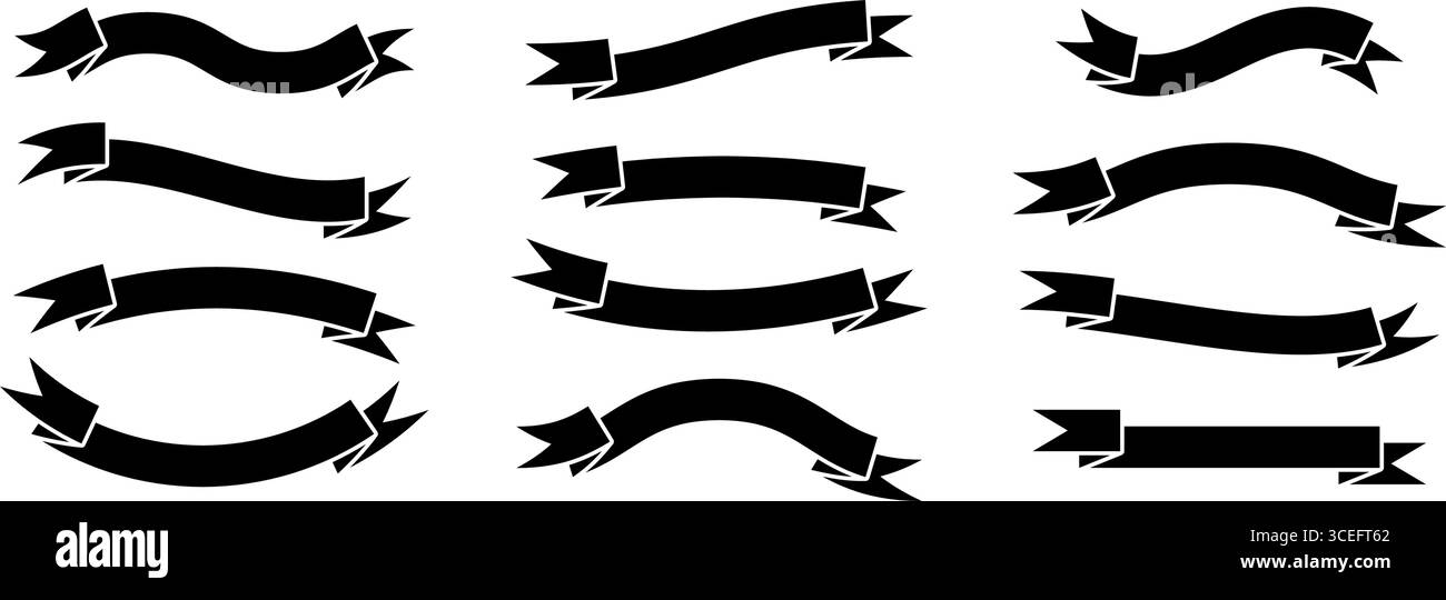 Black ribbon banner set. Vintage wavy label tag element collection for ...