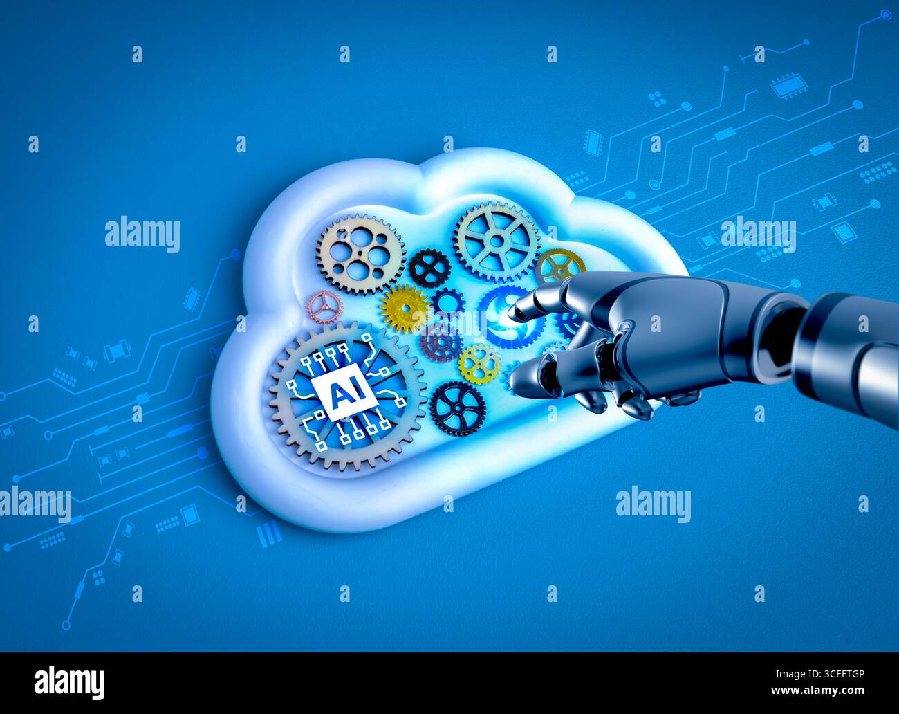 Robotic hand interacting with AI cloud computing system full of gears and circuit elements, symbolizing artificial intelligence, digital transformatio Stock Photo