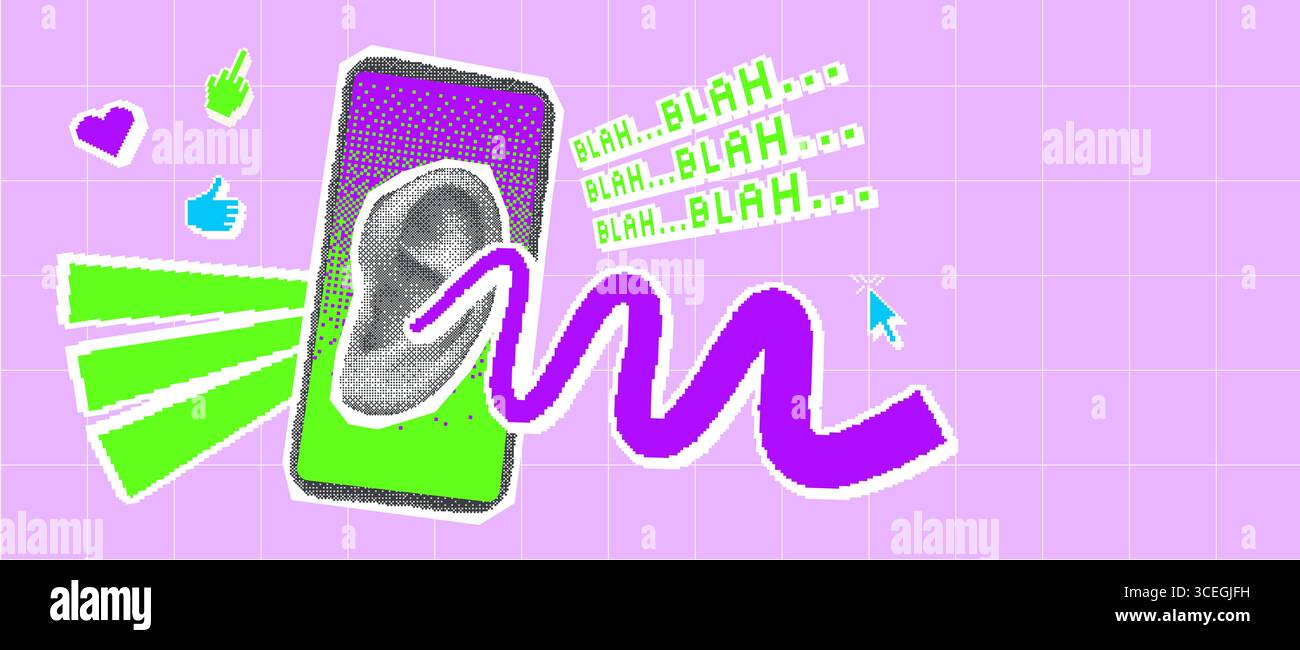 Podcast halftone and pixel stickers background template. Phone with ...