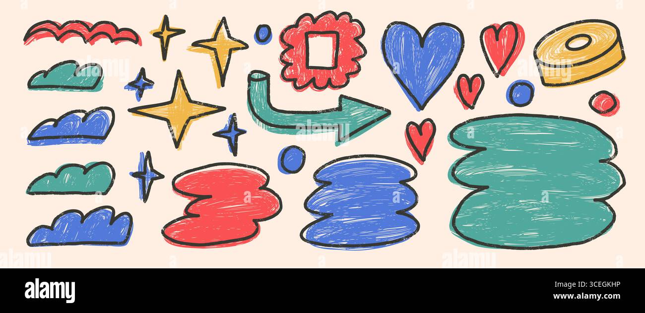 Abstract geometry shapes and text boxes crayon drawn set with line stroke. Naive doodle tag figures. Callouts frames geometric forms elements. Vector Stock Vector
