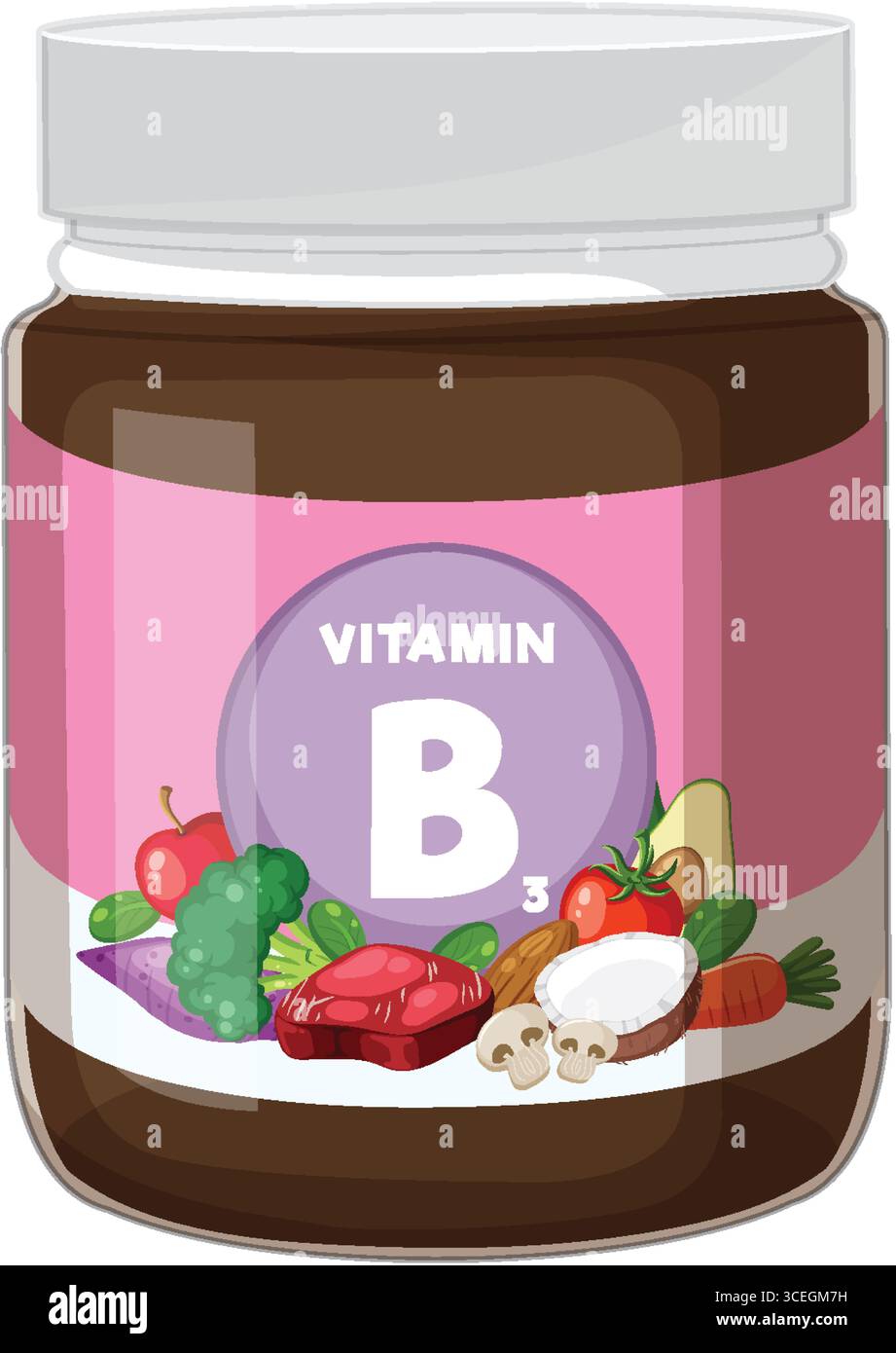 Vector illustration of a vitamin B3 supplement jar, labeled and ...