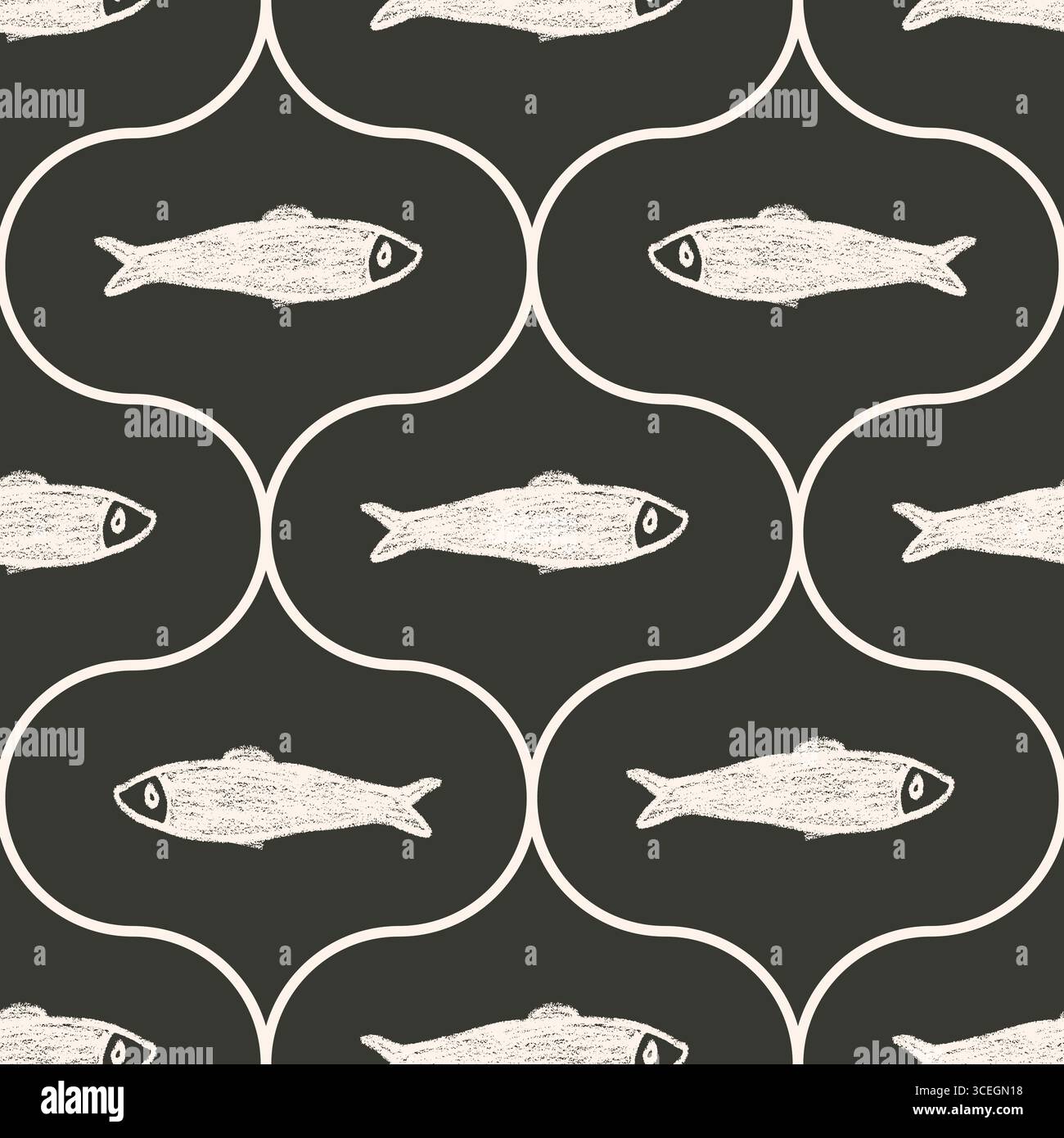 Crayon cute fish ogee seamless pattern. Sardines hand drawn endless background. Nautical damask repeat cover. Sea continuous ornament. Surface pattern Stock Vector