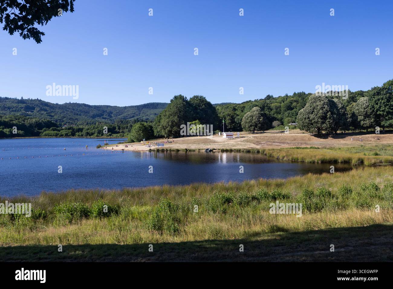 Summer view of the beautiful lake, 'Etang de Jonas' near Ambazac in the Haute-Vienne department of Nouvelle-Aquitaine in western France. Copy space ab - Stock Image