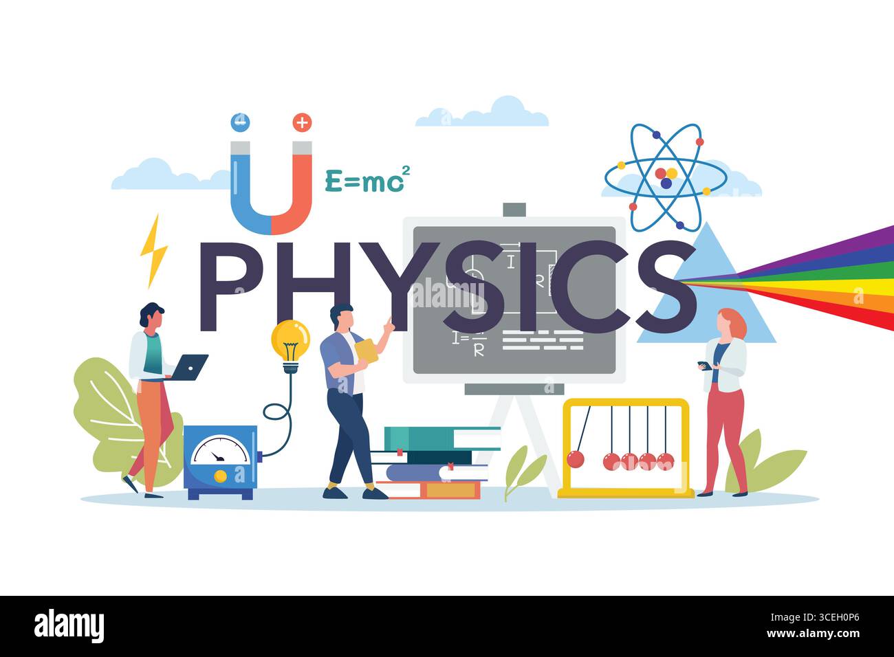 Physics scene with physics elements. Students explore electricity, magnetism, light wave and forces. Stock Vector