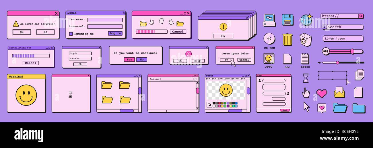 Retro vaporwave mobile and desktop interface UI set. 90s style dialog ...