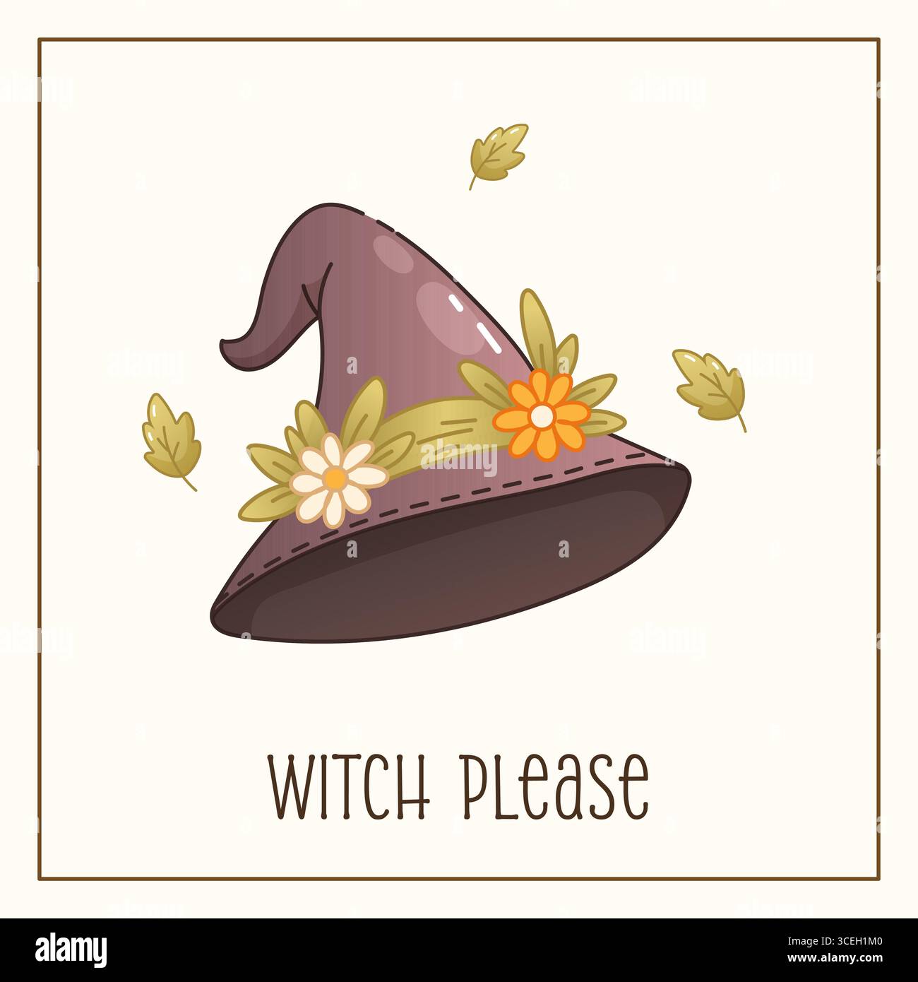 Humorous Halloween greeting card with witch hat and autumn flowers. Witch Please quote in cozy boho style design for fall season. Stock Vector