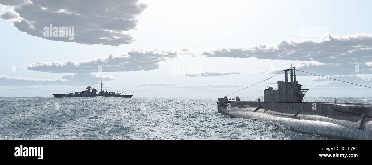British submarine and German battleship of World War II Stock Photo