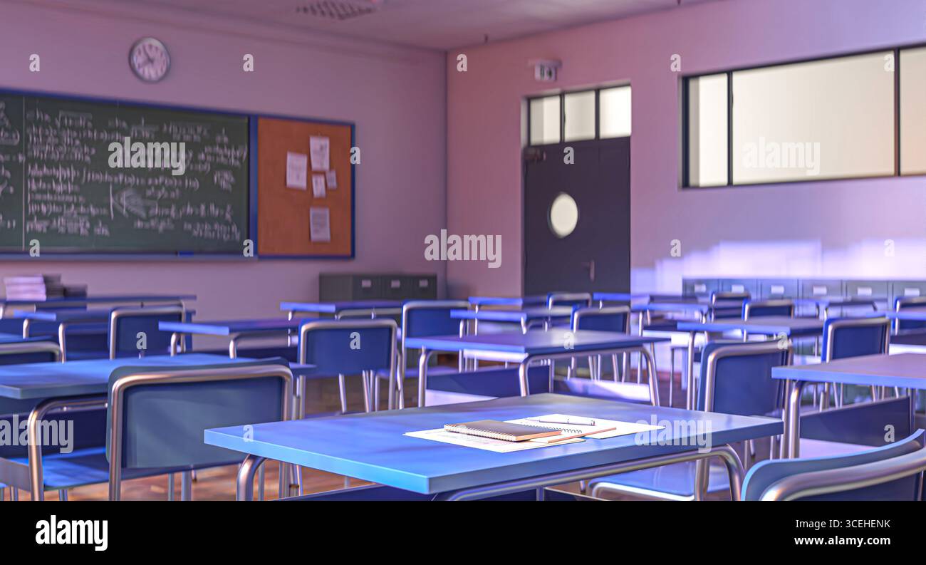 Empty classroom with desks and chalkboard 3d Stock Photo