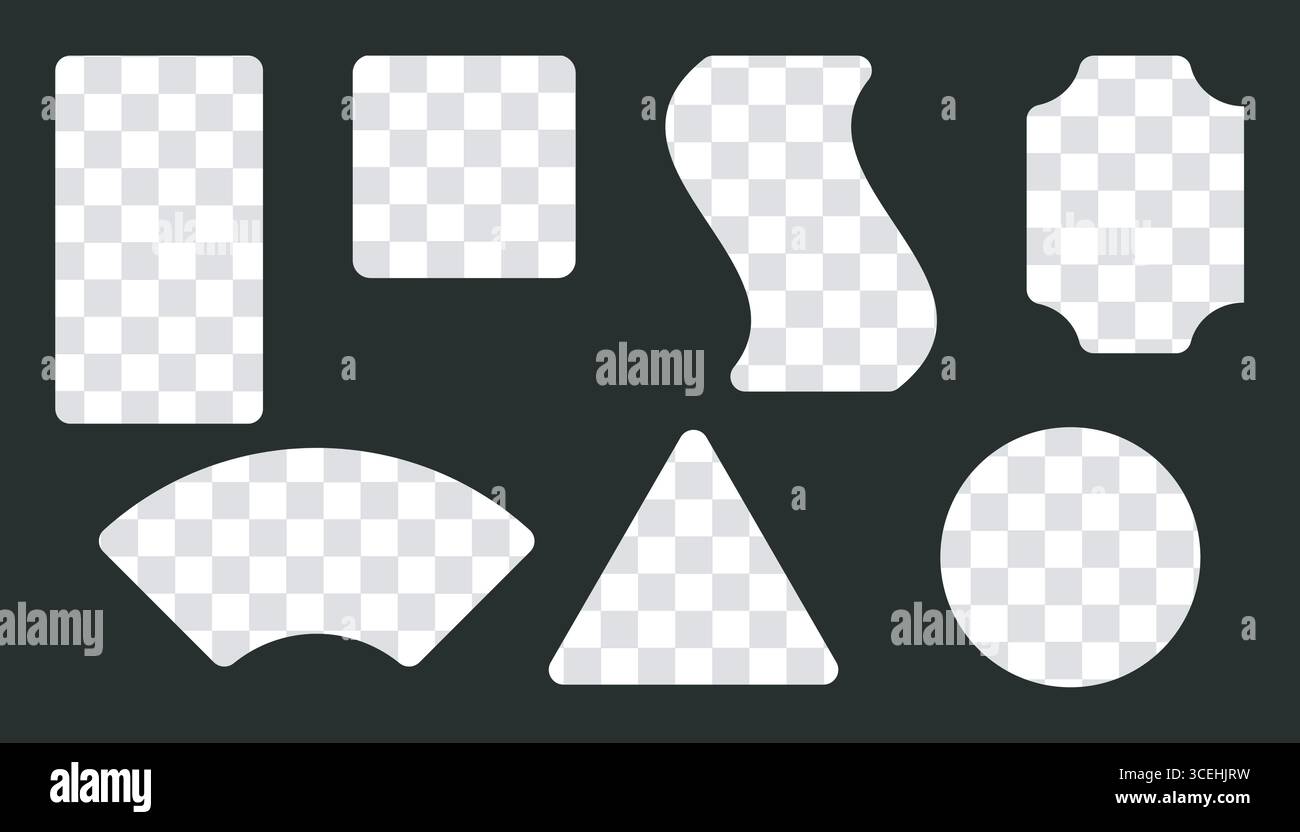 Checkered background frame set. Square boarder, circle, triangle, rectangle geometric isolated shape. Grey, white colour, modern graphic corner, flat Stock Vector