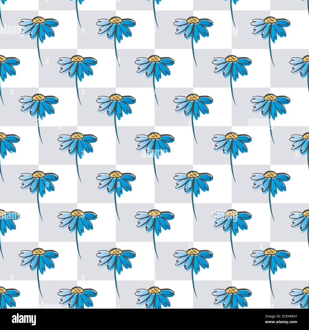 Checkered board, sketch hand drawn line camomile flower abstract seamless pattern. Classical geometrical grid design. Grey white colour palette Stock Vector