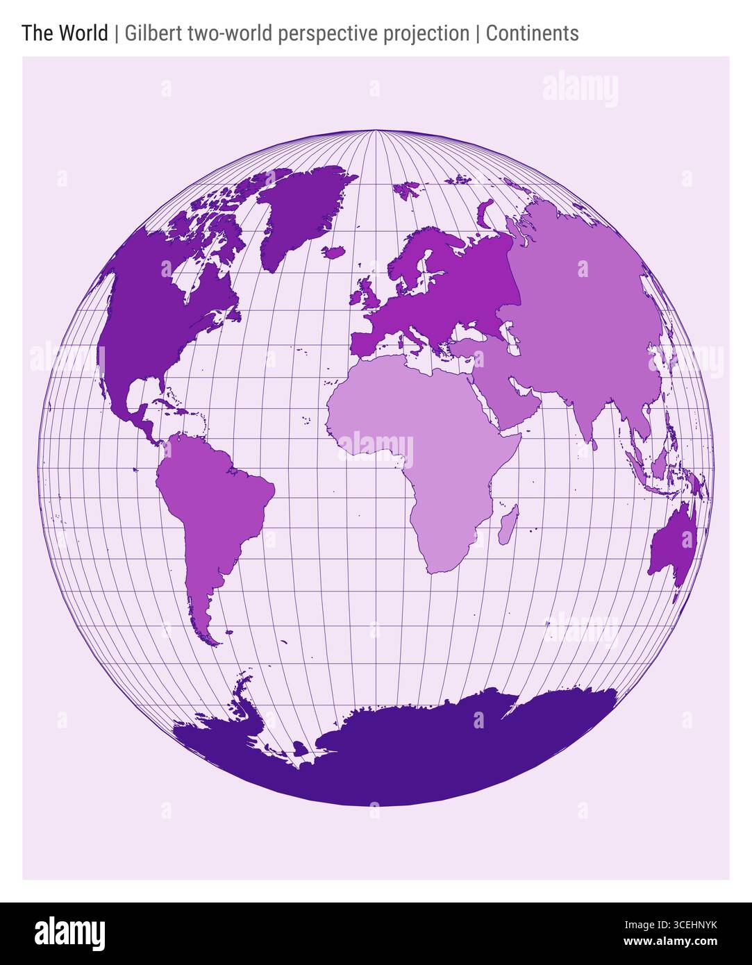 World Map. Gilbert two-world perspective projection. Continents style. High Detail World map for infographics, education, reports, presentations. Stock Vector