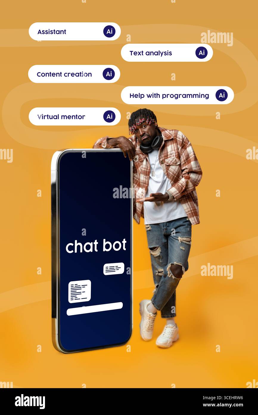 Engaging with AI technology for assistance in text analysis, content creation, and programming help Stock Photo