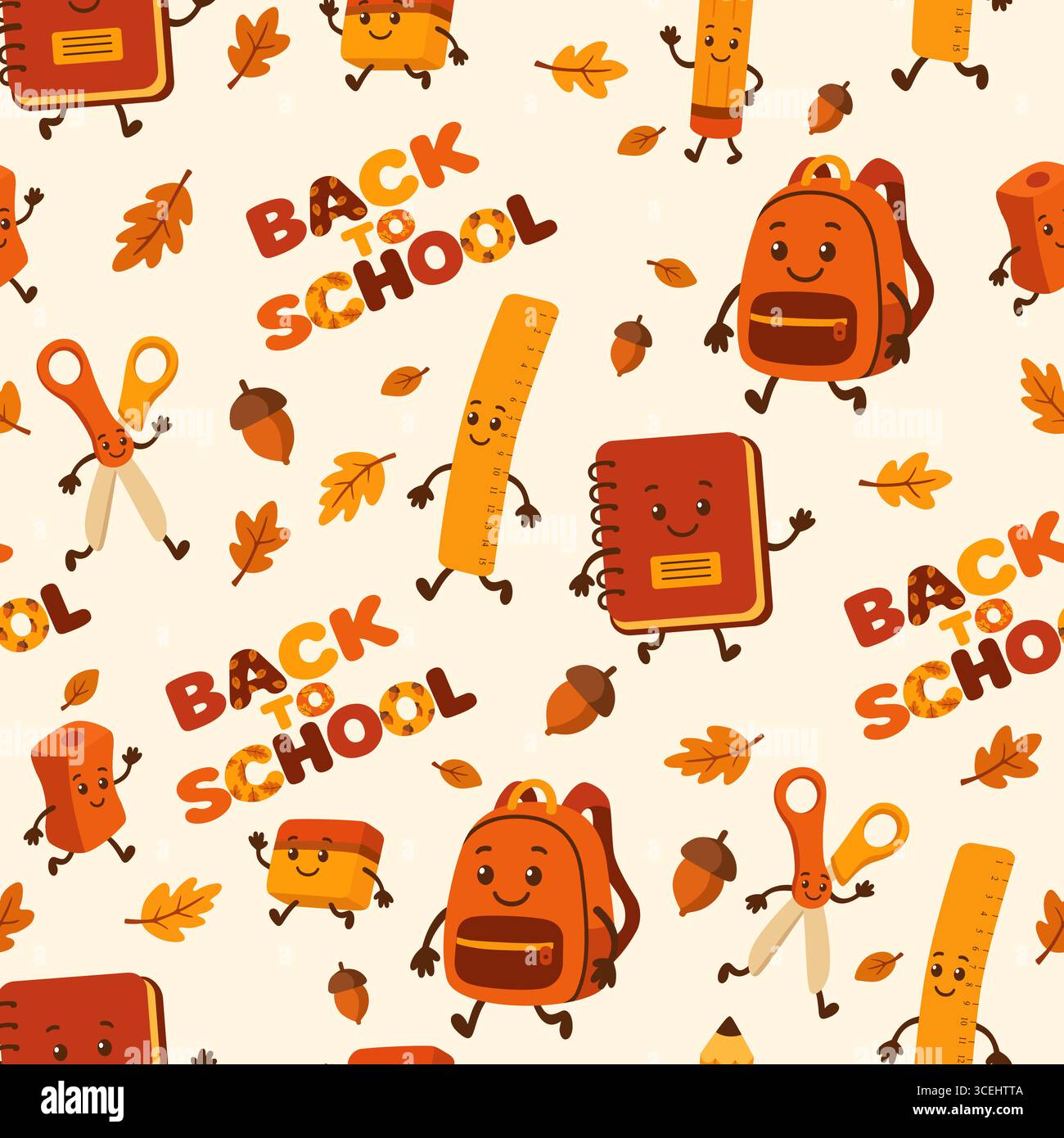 Seamless autumn school supplies pattern with back to school lettering Stock Vector