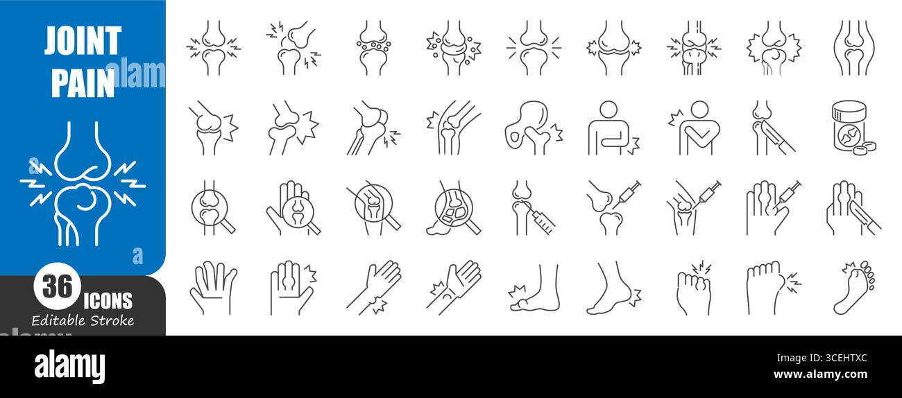 Joint pain thin line icon . Rheumatism concept . Editable stroke . Vector . Stock Vector
