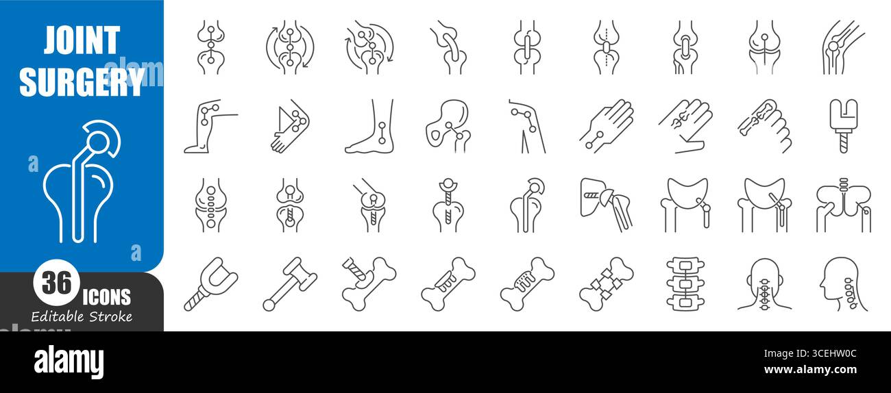 Joint replacement surgery thin line icon . Editable stroke . Vector . Stock Vector