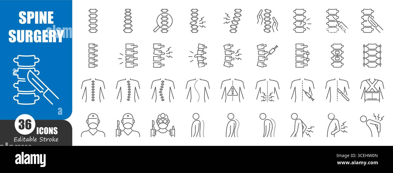 Spine surgery thin line icon . Editable stroke . Vector . Stock Vector