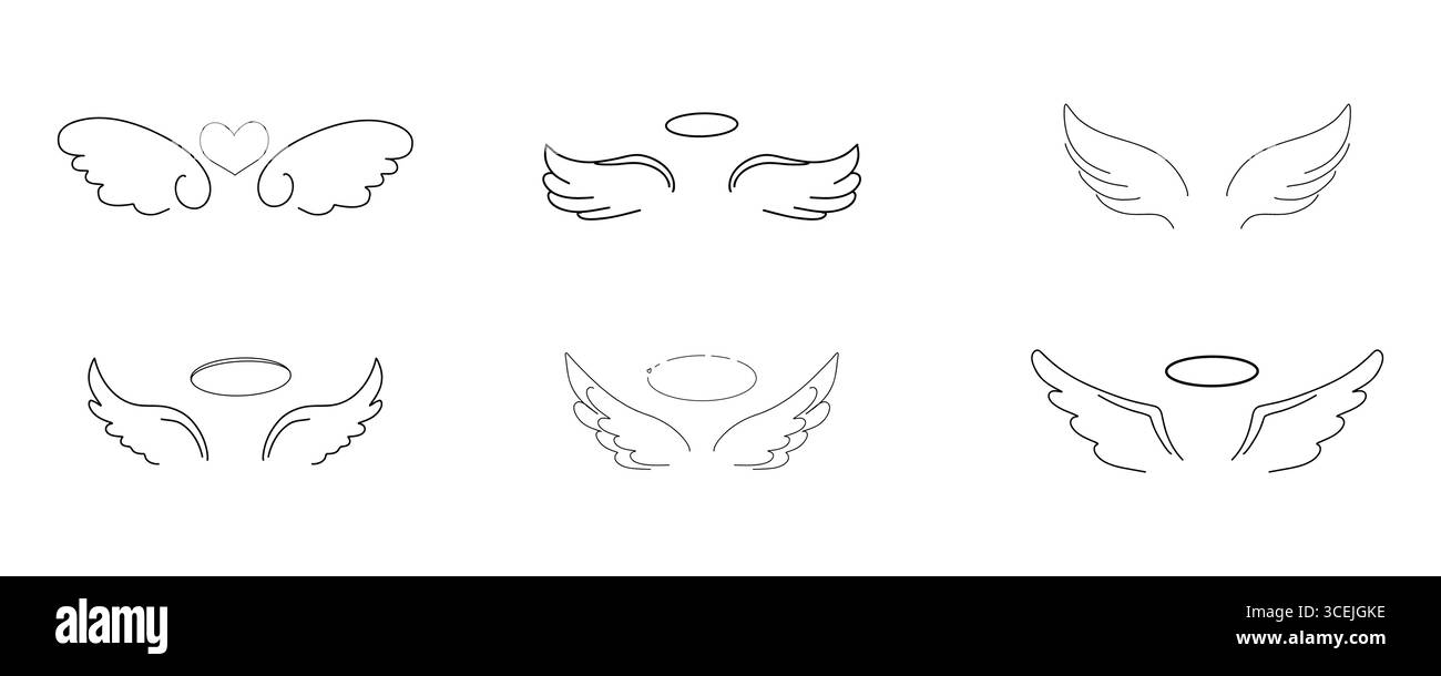 Angel or bird wings set line. Hand drawn doodle wings with feather ...