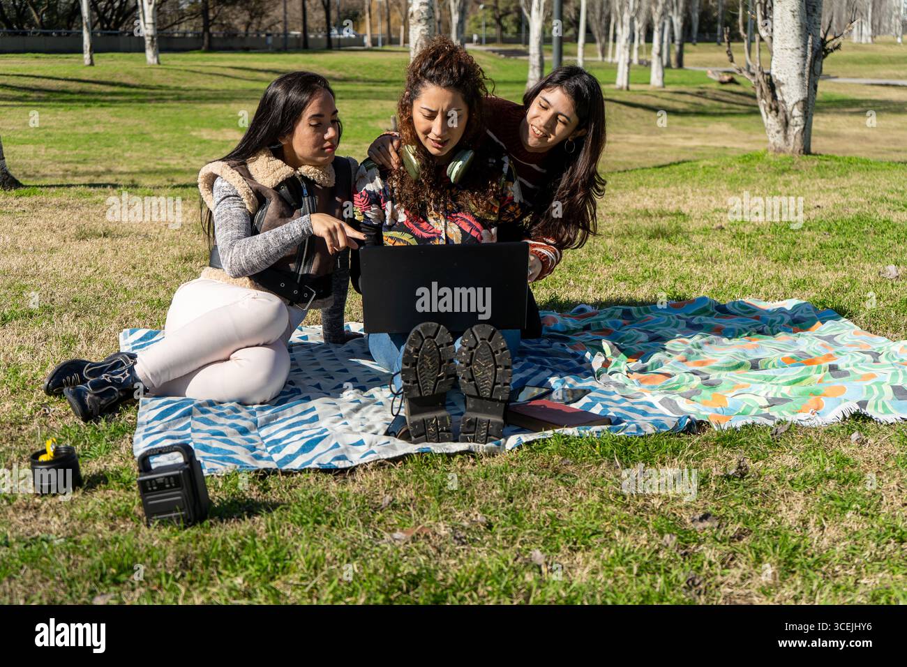 Three students collaborating on a laptop in a sunny park, enjoying fresh air and teamwork Stock Photo