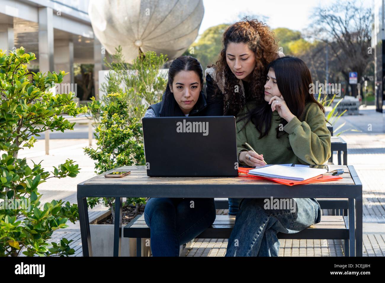 Three university students collaborating on a project outdoors, using a laptop and taking notes Stock Photo