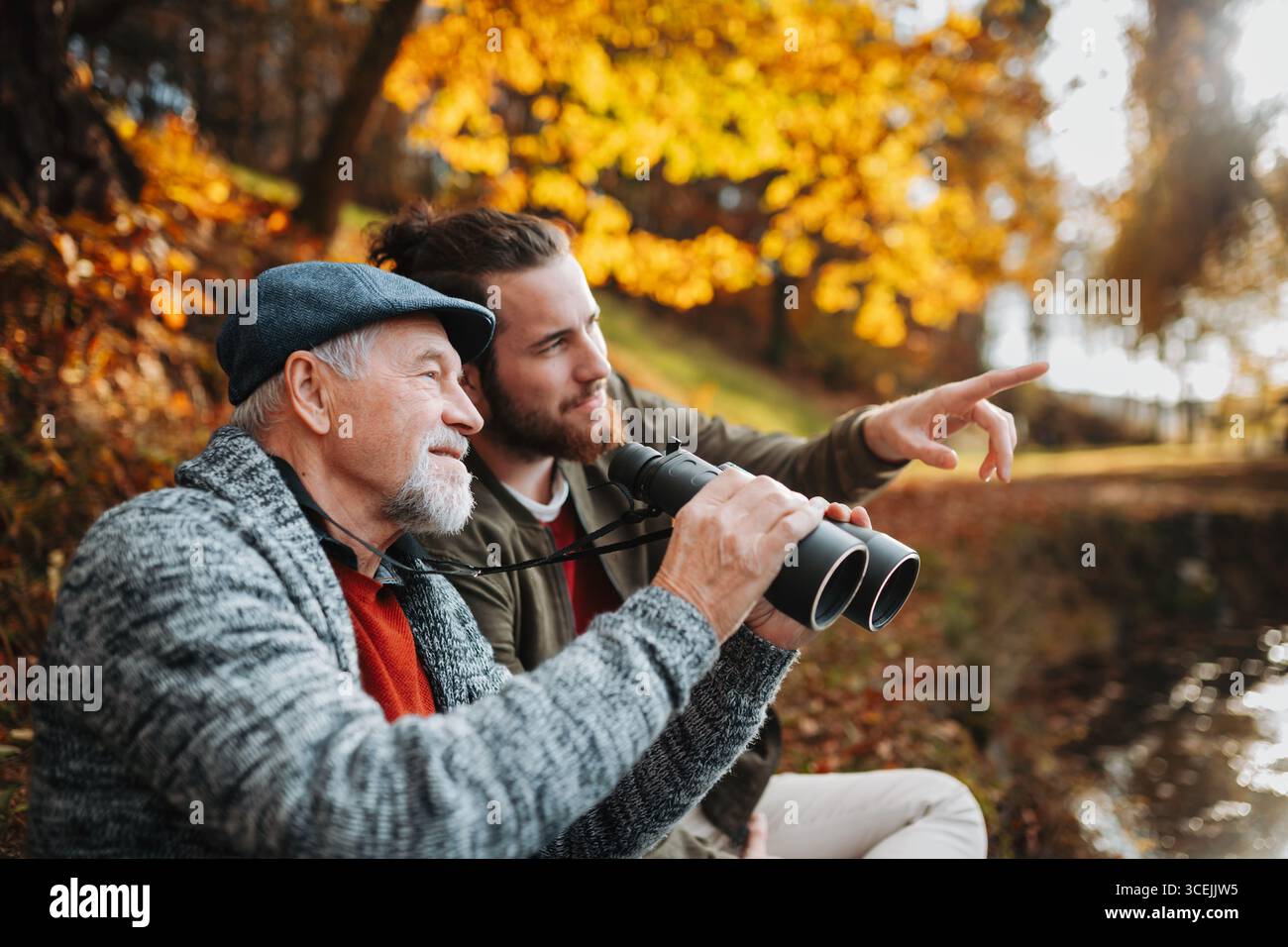 Senior father and his son with binoculars in nature, talking Stock ...