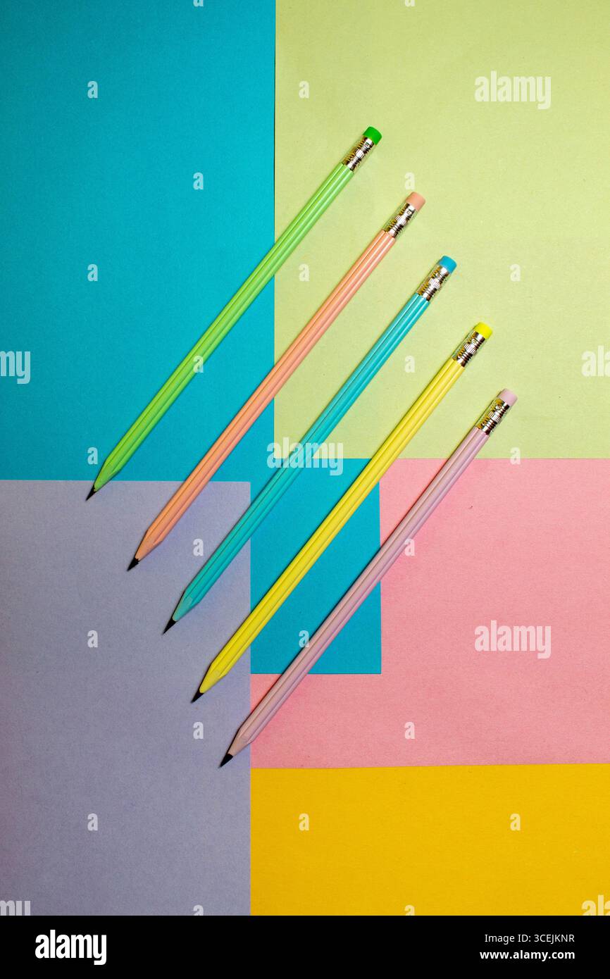 Colorful graphite pencils on a surface in different colors. Back to school. Stock Photo