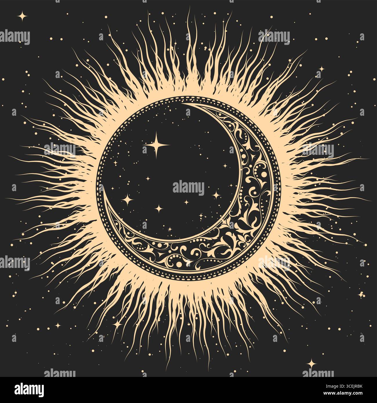 Mystical half-moon covered with ornament inside magic sun, tarot style pattern with occult astrology symbols, vector Stock Vector