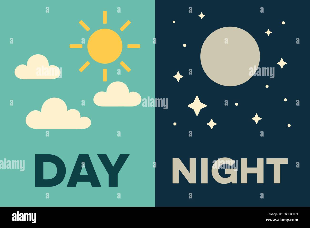 A vibrant split-screen design contrasting the themes of day and night. The left half features a cheerful yellow sun with rays, light blue sky, and flu Stock Vector