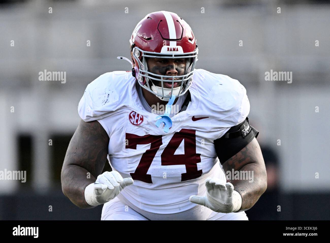 FILE - Alabama offensive lineman Kadyn Proctor (74) blocks during an ...