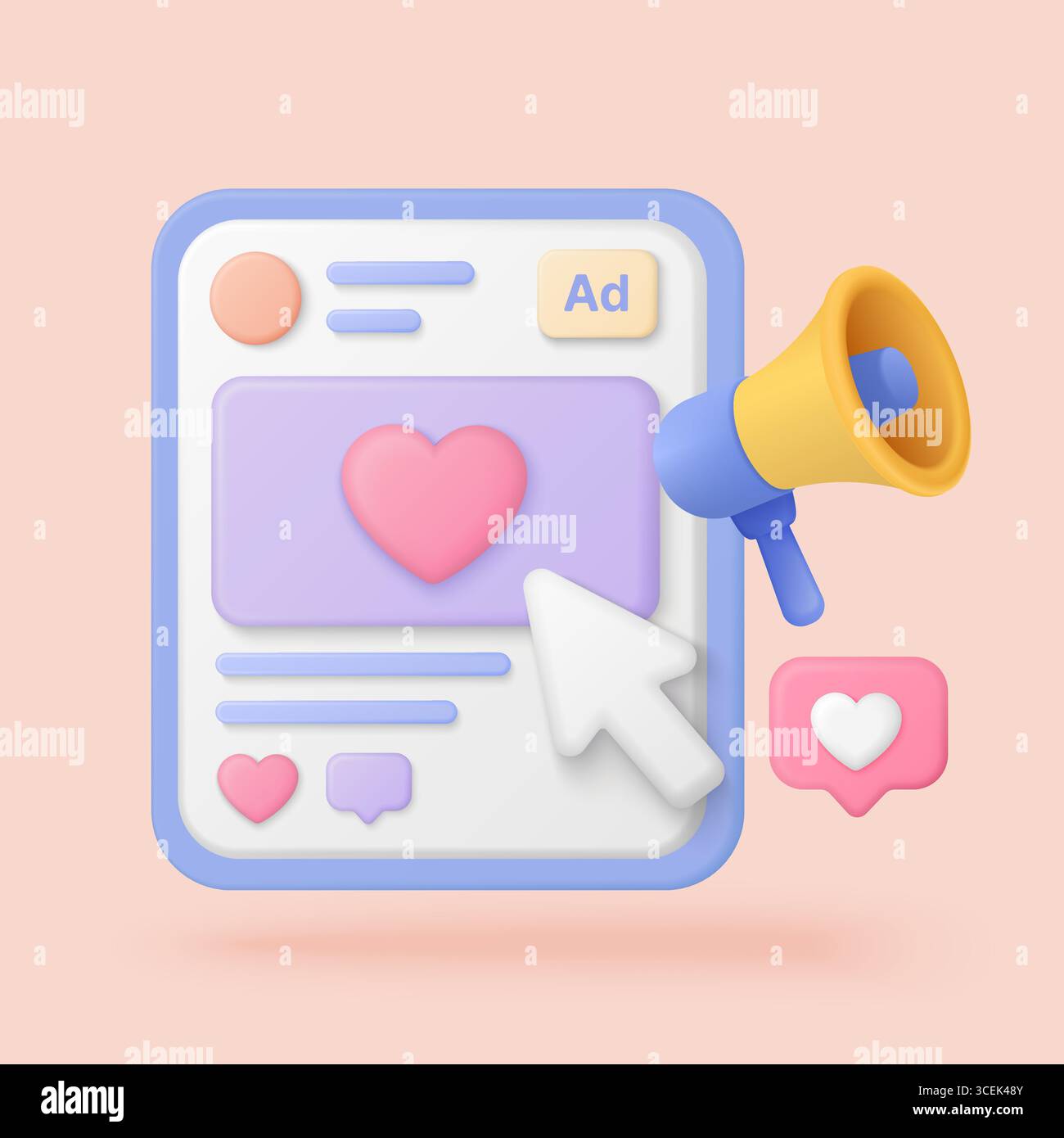 3d style social media ad interface with heart icon, cursor, and ...
