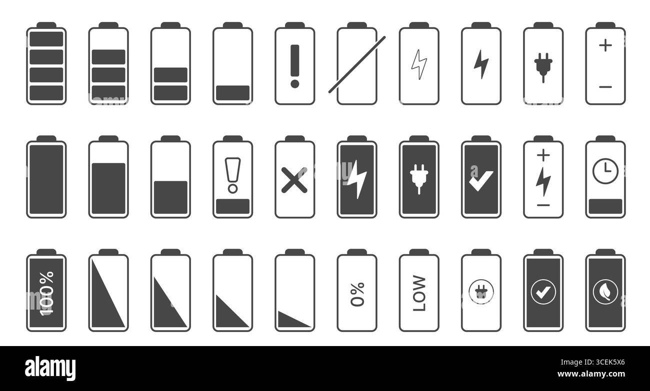 Battery icons doodle set featuring various charge levels, power symbols, and energy indicators for user interface, app, and web design needs vector illustration Stock Vector