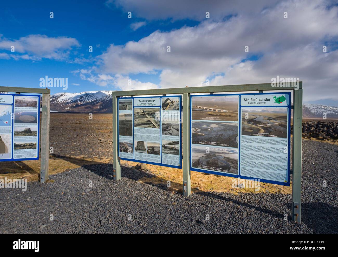 Informational signs along Route 1 about Skeiðarársandur, a vast sand ...