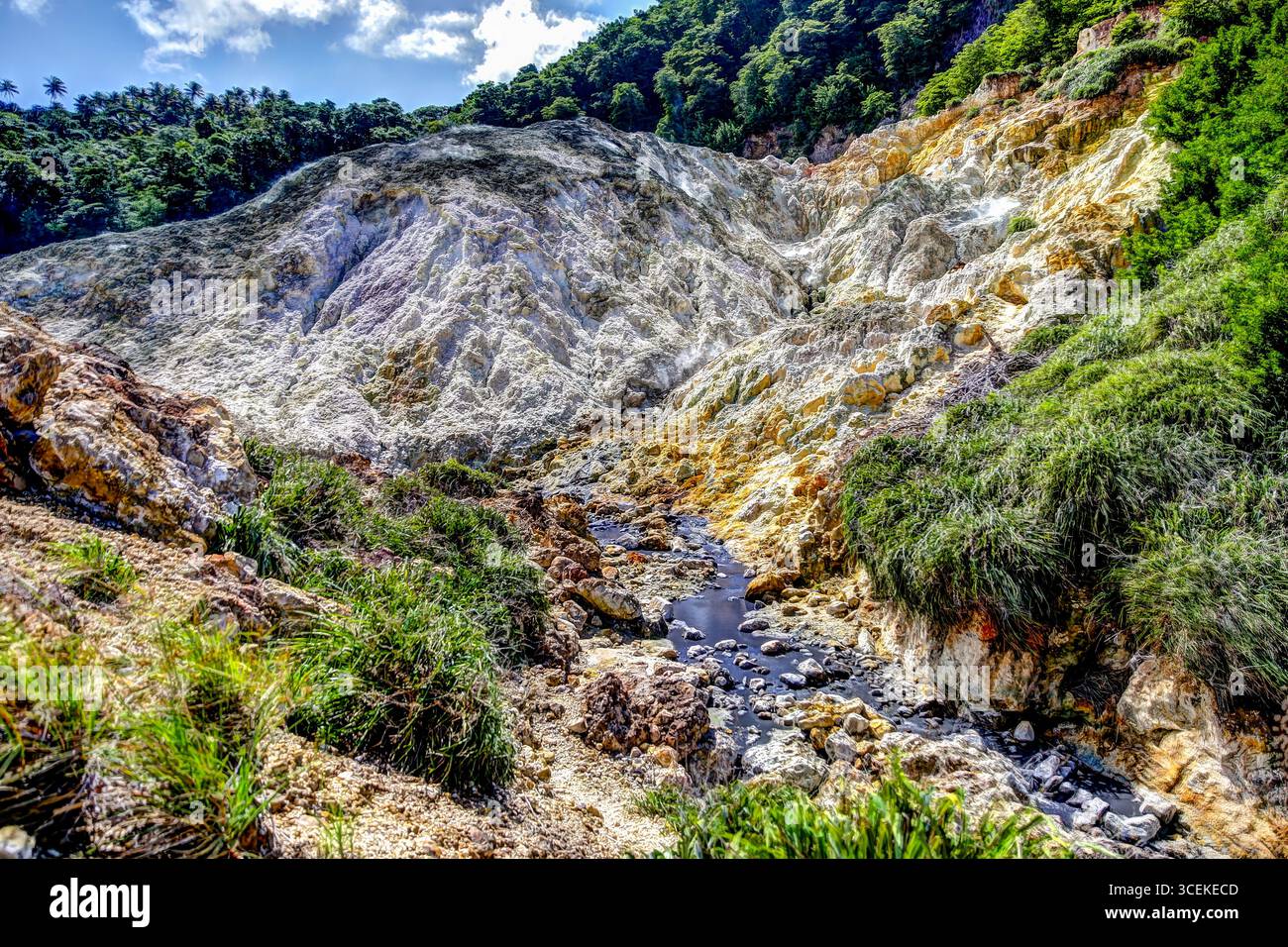 Soufrière, Saint Lucia – December 22, 2015: Geothermal sulphur springs and volcanic mud pools at the world’s only drive-in volcano. Stock Photo