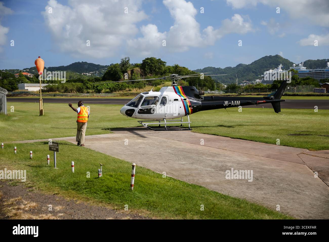 Castries, Saint Lucia - January 2, 2016: A helicopter on the tarmac at the airport in St Lucia Stock Photo