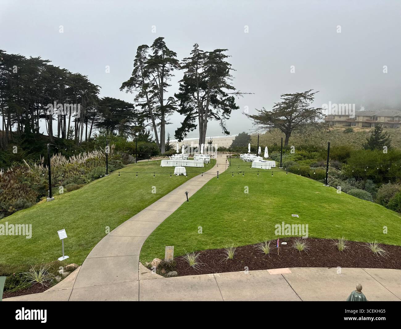 Elegant outdoor wedding and event setup with white tables, chairs, and umbrellas arranged on a lawn overlooking the Pacific Ocean on a foggy day - Smartphone Captured Stock Image