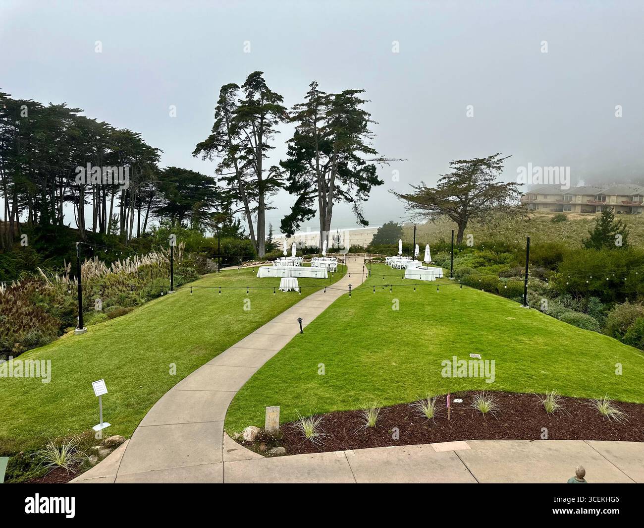 Elegant outdoor wedding and event setup with white tables, chairs, and umbrellas arranged on a lawn overlooking the Pacific Ocean on a foggy day - Smartphone Captured Stock Image